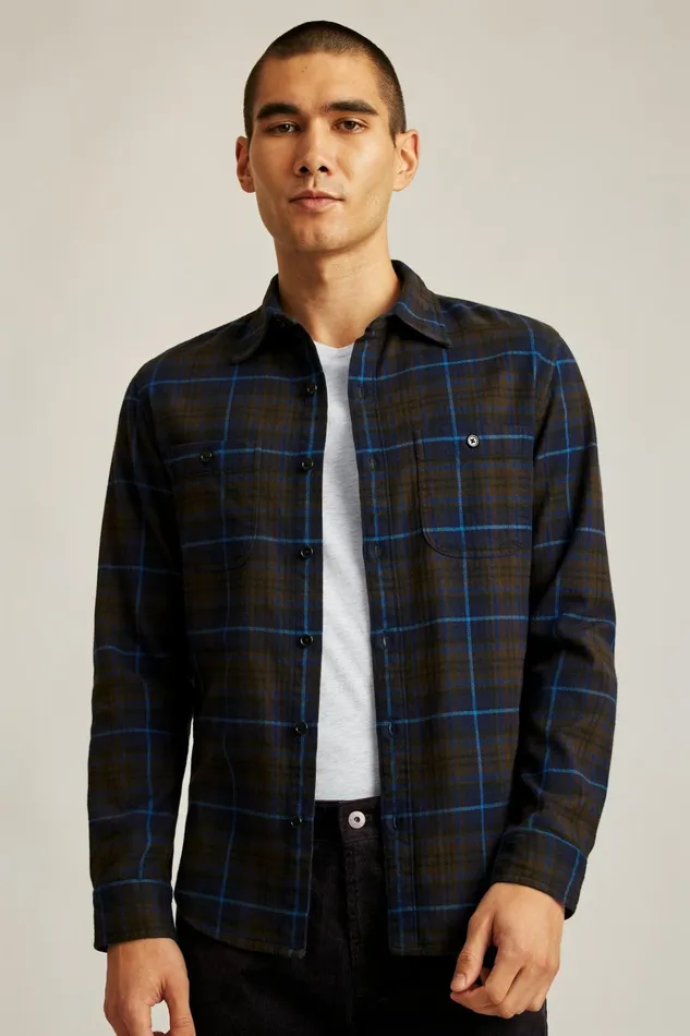 Men Flannels and Shirt Jackets Bonobos Fireside Flannel Shirt Navy Fudge Plaid