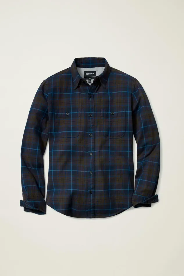 Men Flannels and Shirt Jackets Bonobos Fireside Flannel Shirt Navy Fudge Plaid