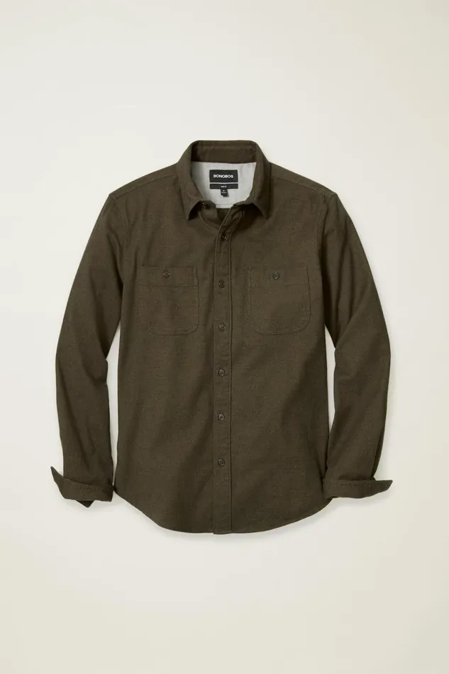 Men Flannels and Shirt Jackets Bonobos Fireside Flannel Shirt Olive Twill Dobby