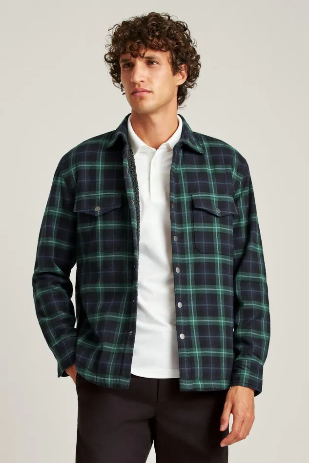 Men Flannels and Shirt Jackets Bonobos Sherpa Shacket Black And Blues Plaid