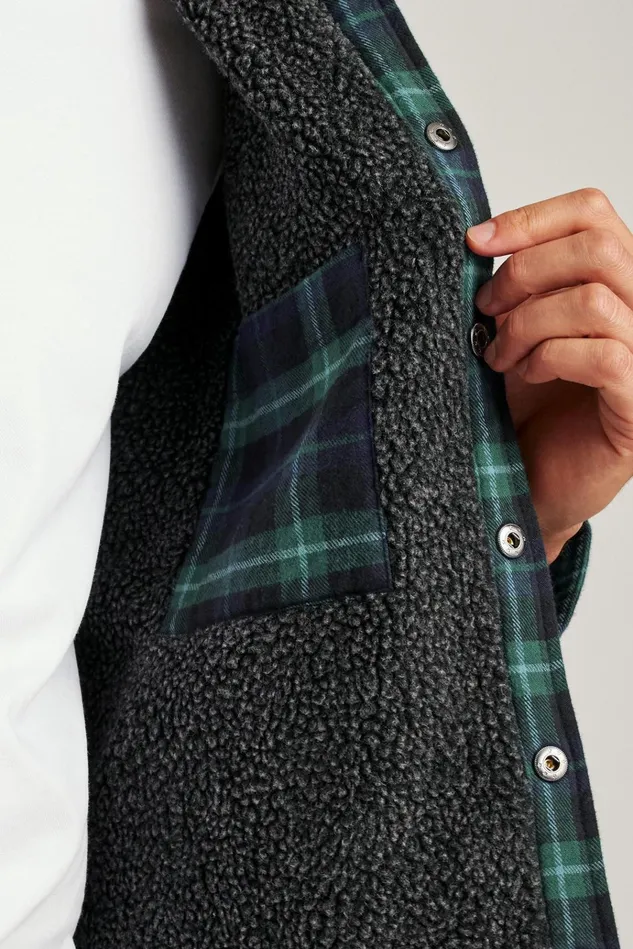Men Flannels and Shirt Jackets Bonobos Sherpa Shacket Black And Blues Plaid