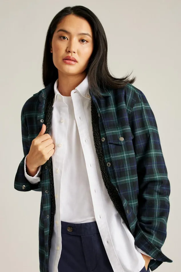 Men Flannels and Shirt Jackets Bonobos Sherpa Shacket Black And Blues Plaid