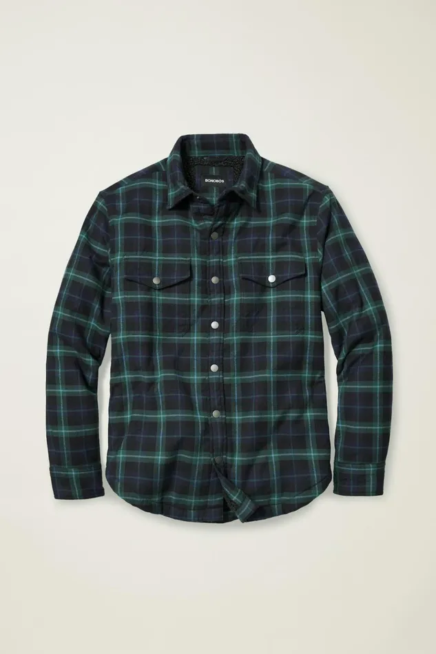 Men Flannels and Shirt Jackets Bonobos Sherpa Shacket Black And Blues Plaid