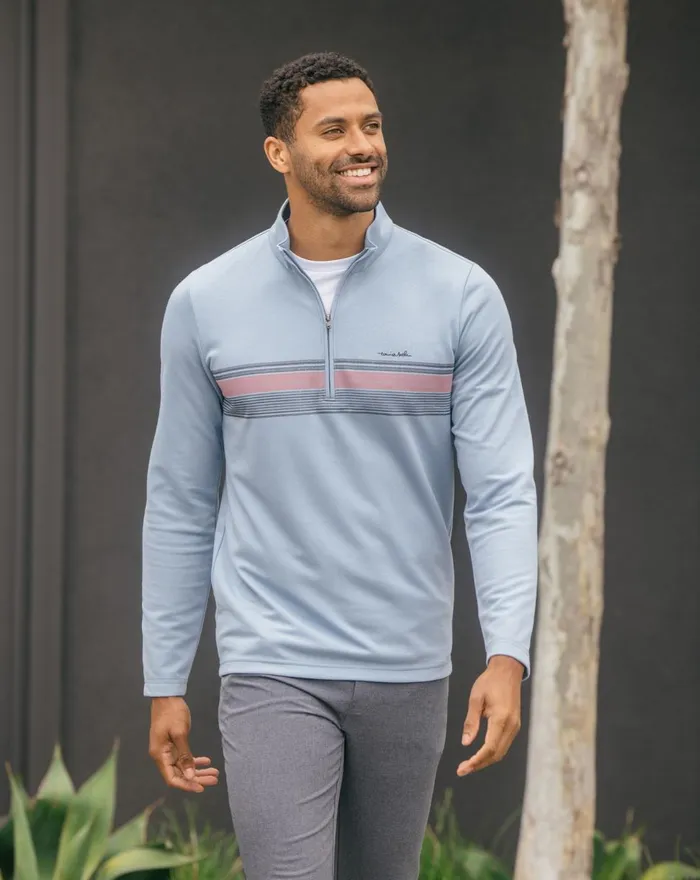 Men Hoodies and Sweatshirts TravisMathew UPGRADED STRIPED QUARTER ZIP Ash Blue Chest Stripe