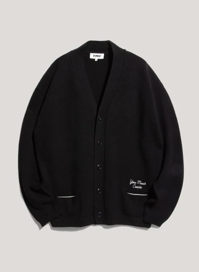 Mens Knitwear YMC Archie Merino Wool Cardigan Black