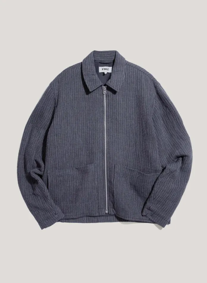 Mens Outerwear YMC Bay City Textured Stripe Bomber Jacket Blue