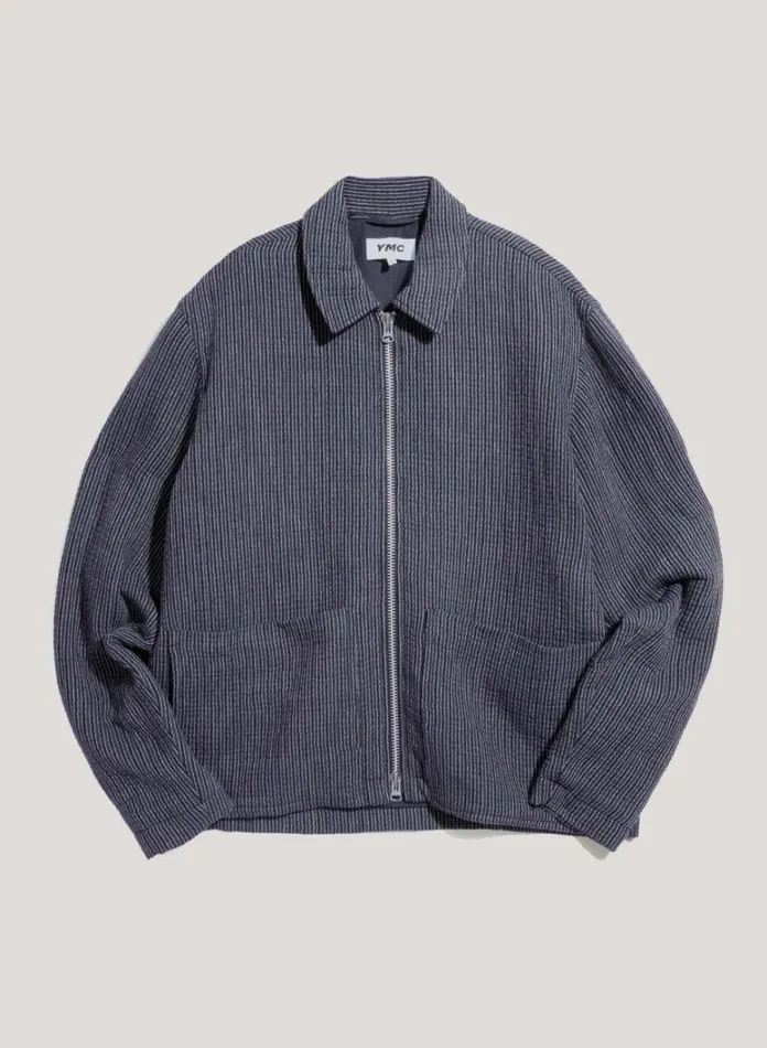 Mens Outerwear YMC Bay City Textured Stripe Bomber Jacket Blue