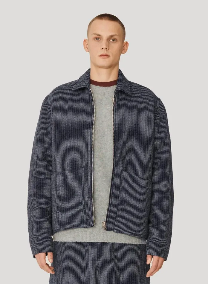 Mens Outerwear YMC Bay City Textured Stripe Bomber Jacket Blue