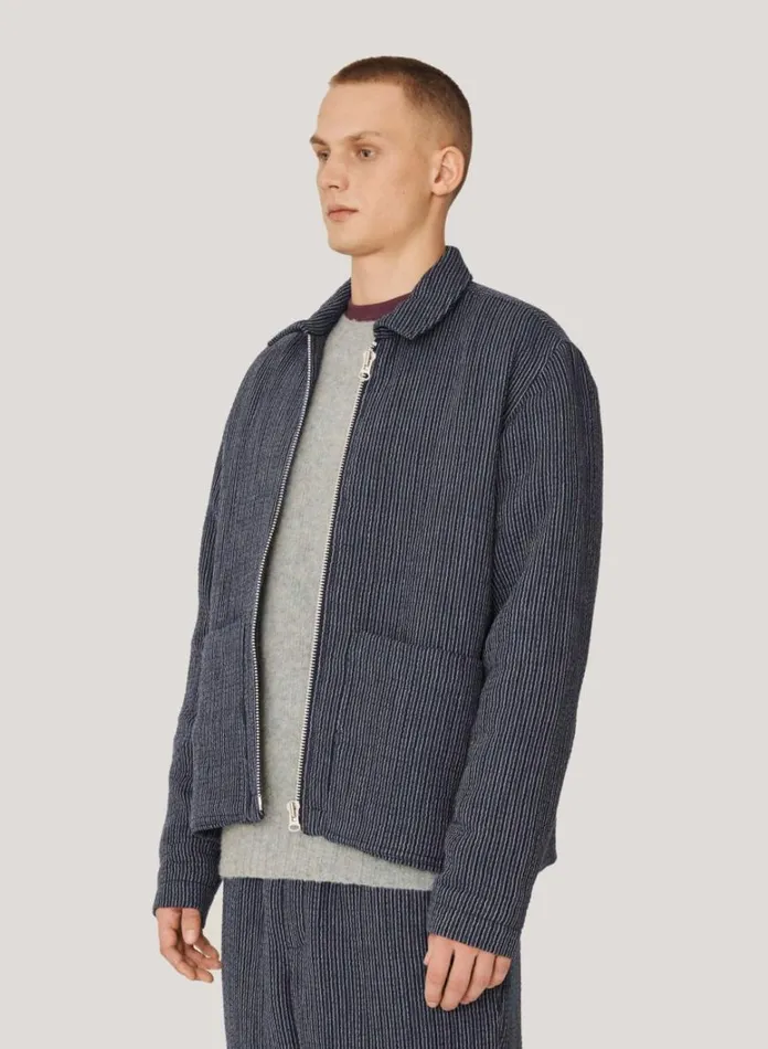 Mens Outerwear YMC Bay City Textured Stripe Bomber Jacket Blue