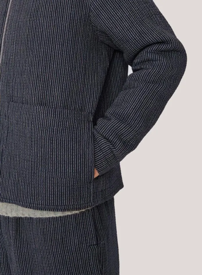 Mens Outerwear YMC Bay City Textured Stripe Bomber Jacket Blue