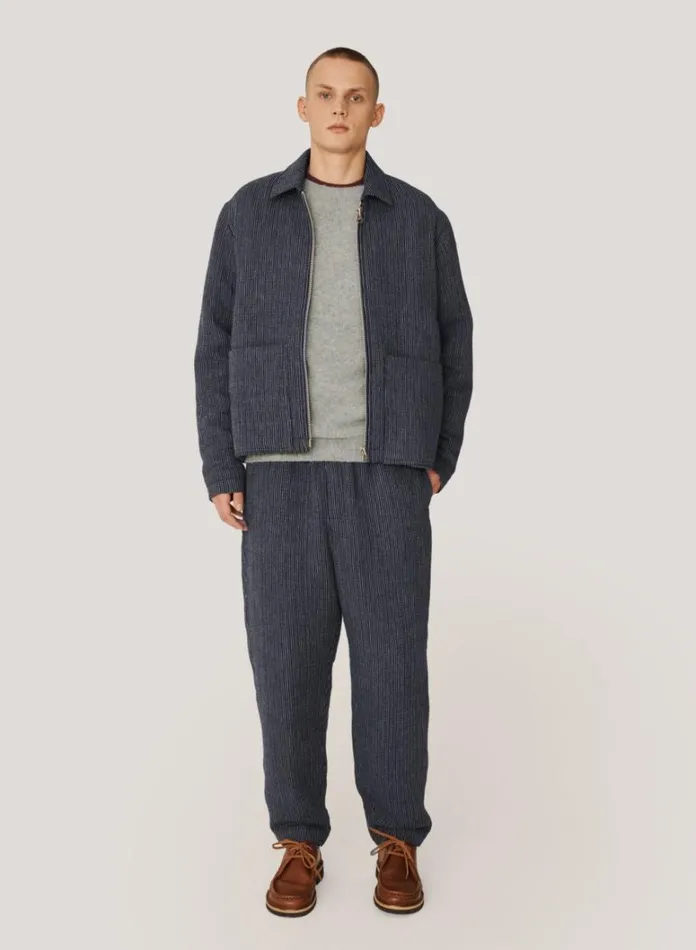 Mens Outerwear YMC Bay City Textured Stripe Bomber Jacket Blue