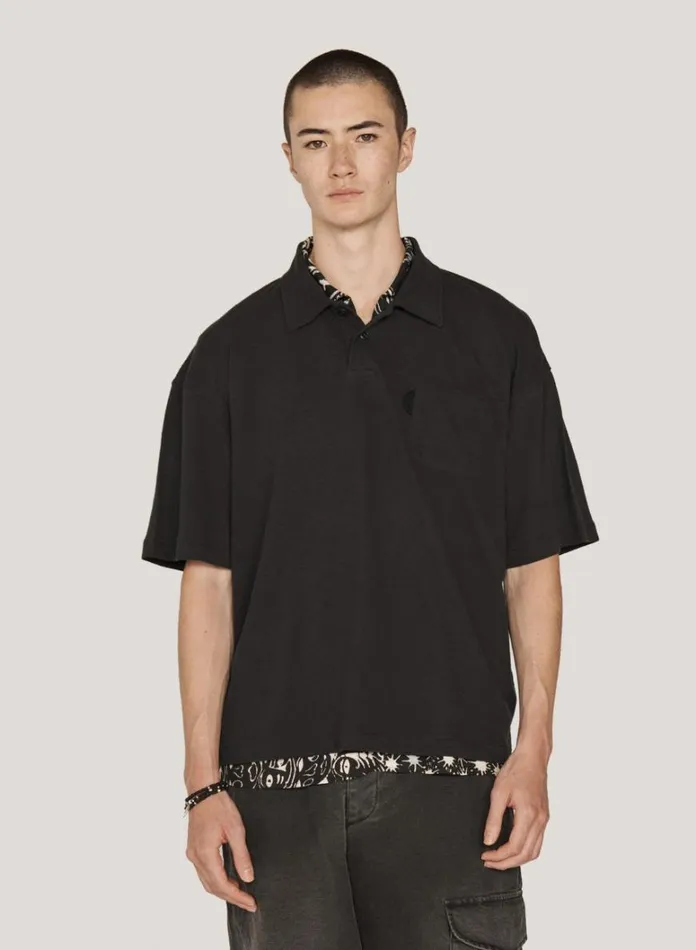 Mens TShirts YMC Ivy Polo T Shirt Black