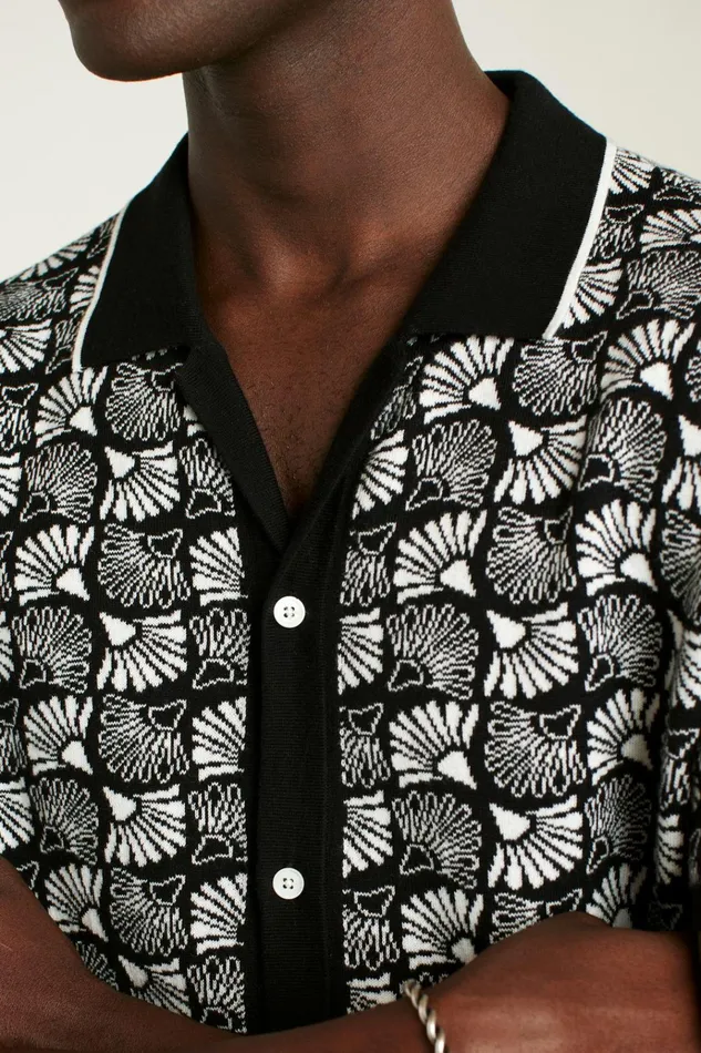 Men Seasonal Sweaters Bonobos Hudson Cabana Sweater Polo Black Cotton Floral Fan