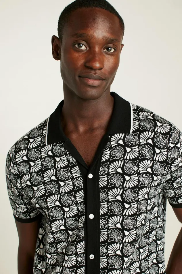 Men Seasonal Sweaters Bonobos Hudson Cabana Sweater Polo Black Cotton Floral Fan