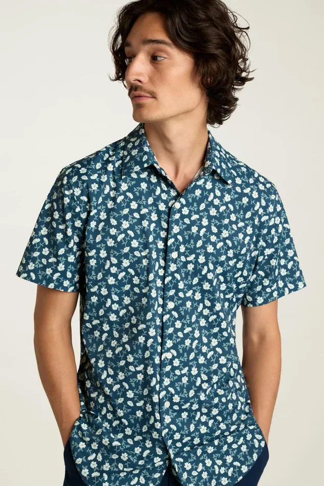 Men Short Sleeve Shirts Bonobos Tech Short Sleeve Shirt Blue Floral Branch