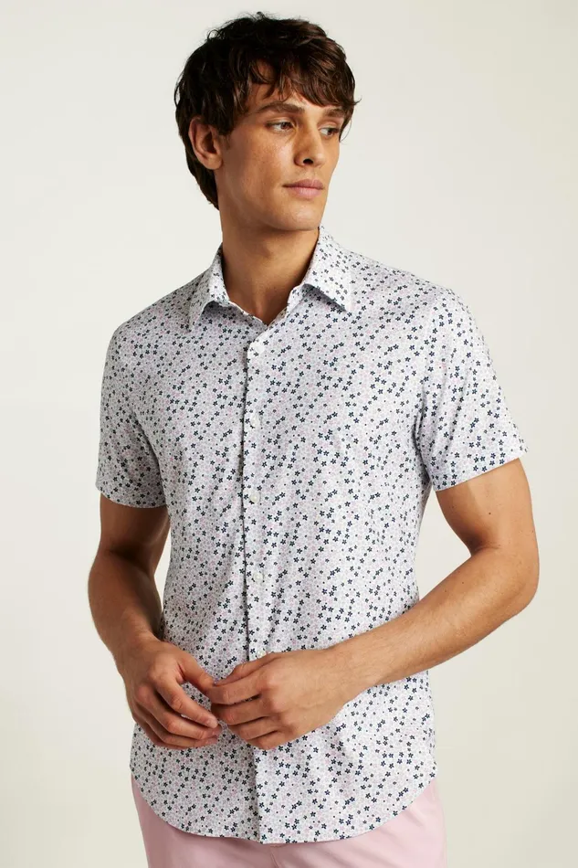 Men Short Sleeve Shirts Bonobos Tech Short Sleeve Shirt Purple Punch Peyton Floral