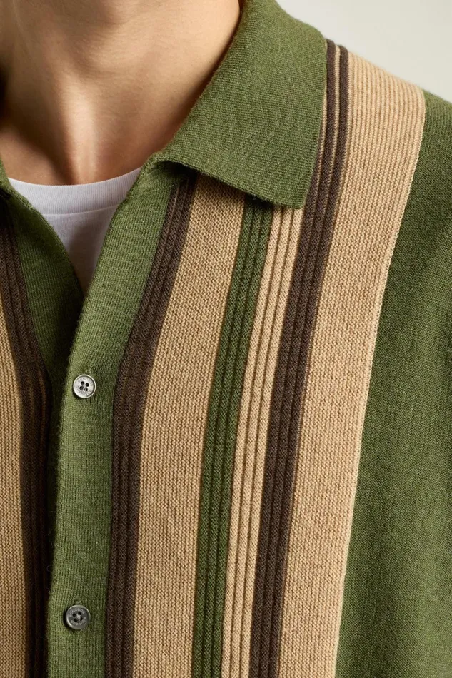 Men Sweater Polos Bonobos Hudson Long Sleeve Sweater Polo Green Cotton Cashmere Stripe