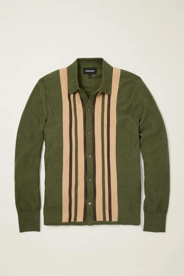 Men Sweater Polos Bonobos Hudson Long Sleeve Sweater Polo Green Cotton Cashmere Stripe