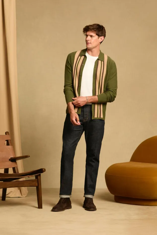 Men Sweater Polos Bonobos Hudson Long Sleeve Sweater Polo Green Cotton Cashmere Stripe