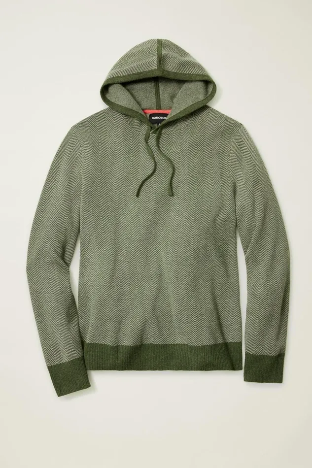 Men Sweatshirts and Hoodies Bonobos Herringbone Sweater Hoodie Loden Silver Herringbone