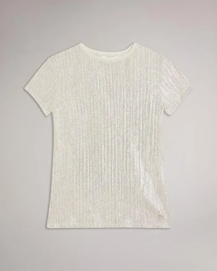 Metallic Fitted T Shirt Ivory Women Ted Baker Tops and TShirts