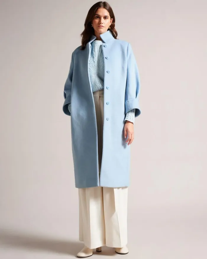 Midi Length Coat With Volume Sleeves Light Blue Women Ted Baker Clothing Midi Length Coat With Volume Sleeves Light Blue Women Ted Baker Clothing
