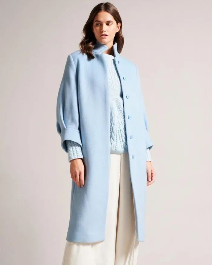 Midi Length Coat With Volume Sleeves Light Blue Women Ted Baker Clothing Midi Length Coat With Volume Sleeves Light Blue Women Ted Baker Clothing