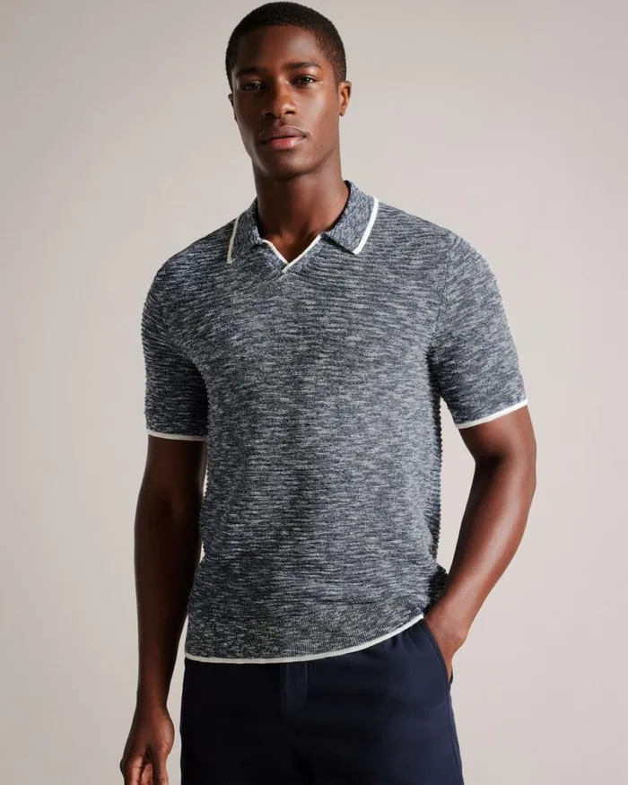 Open Collar Marled Polo Shirt Dark Blue Men Ted Baker Clothing Open Collar Marled Polo Shirt Dark Blue Men Ted Baker Clothing