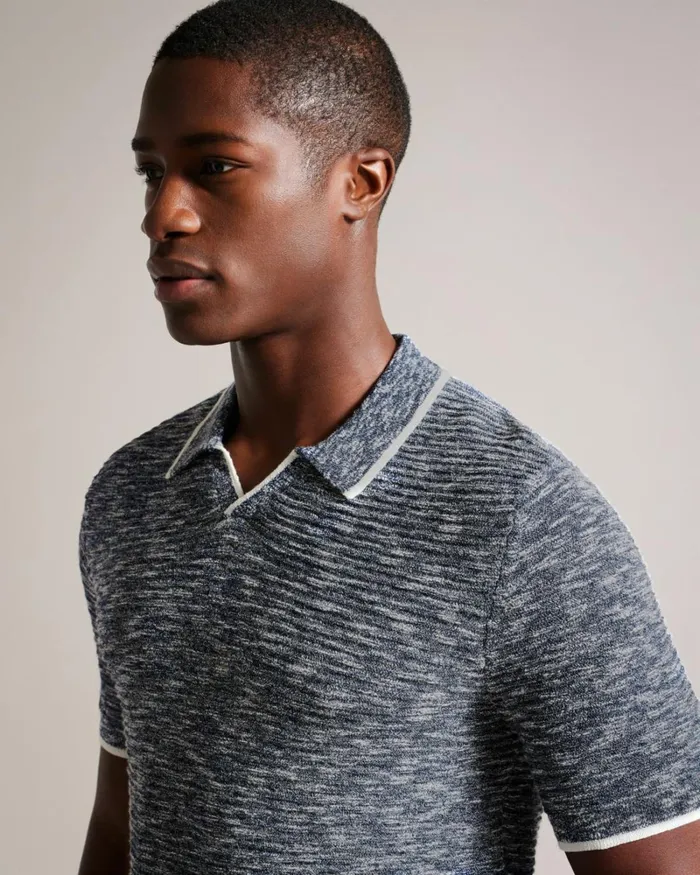 Open Collar Marled Polo Shirt Dark Blue Men Ted Baker Clothing Open Collar Marled Polo Shirt Dark Blue Men Ted Baker Clothing