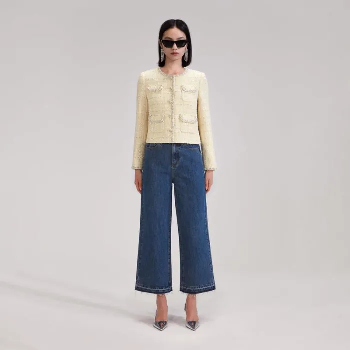 Outerwear Woman SelfPortrait Yellow Boucle Cropped Jacket Outerwear Woman SelfPortrait Yellow Boucle Cropped Jacket
