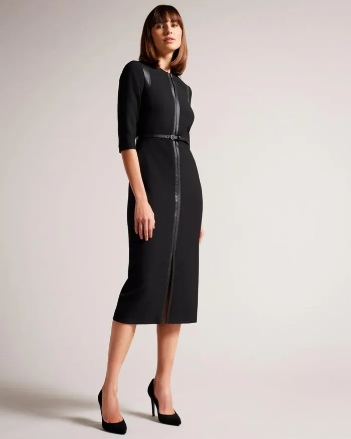 Pencil Dress With Faux Leather Panelling Black Women Ted Baker Clothing Pencil Dress With Faux Leather Panelling Black Women Ted Baker Clothing