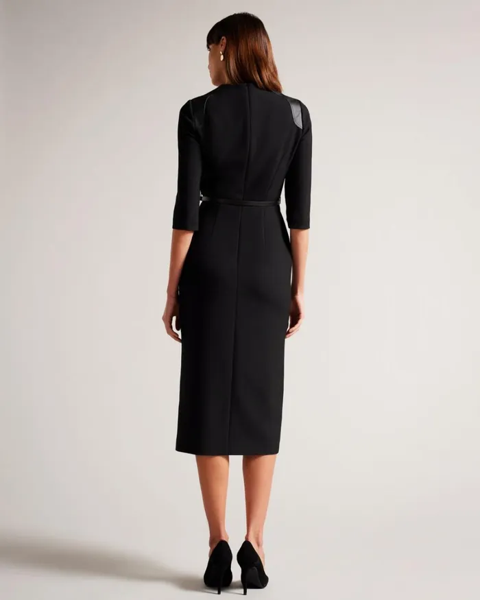 Pencil Dress With Faux Leather Panelling Black Women Ted Baker Clothing Pencil Dress With Faux Leather Panelling Black Women Ted Baker Clothing