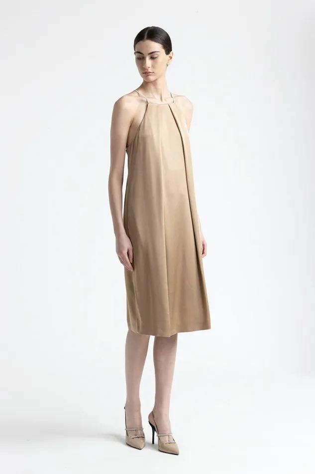 Peserico Dresses And Jumpsuits Woman Satin Midi Dress With Straps Camel