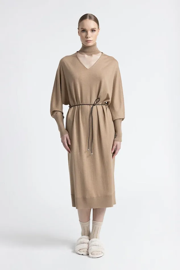 Peserico Dresses And Jumpsuits Woman Wool And Viscose Belted Midi Dress Camel Peserico Dresses And Jumpsuits Woman Wool And Viscose Belted Midi Dress Camel