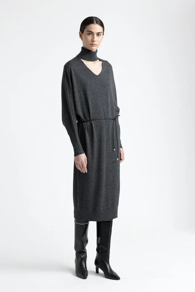 Peserico Dresses And Jumpsuits Woman Wool And Viscose Belted Midi Dress Graphite Peserico Dresses And Jumpsuits Woman Wool And Viscose Belted Midi Dress Graphite