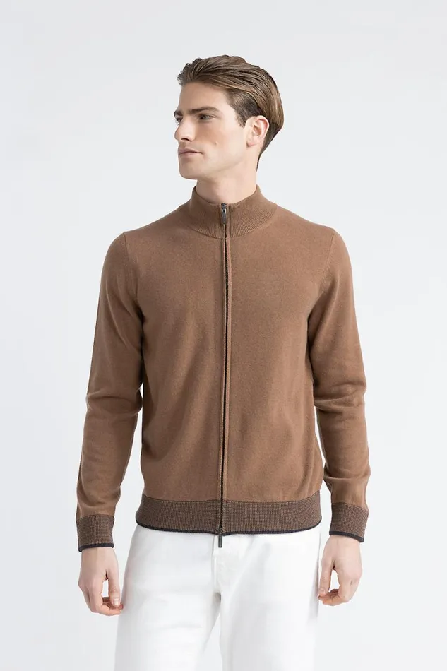 Peserico Knitwear Man Wool Silk And Cashmere High Neck Sweater Chestnut