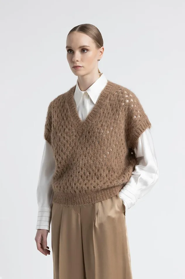 Peserico Knitwear Woman Alpaca And Mohair Gilet Macchiato