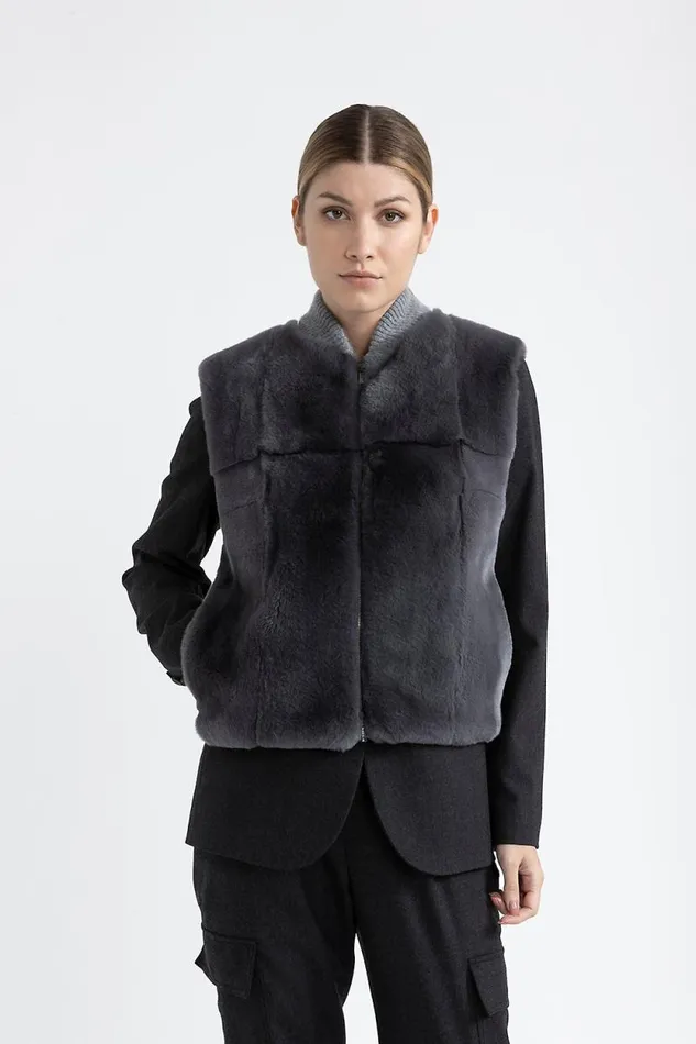 Peserico Knitwear Woman Knitted Gilet With Fur Trim Slate
