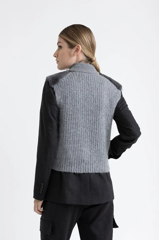 Peserico Knitwear Woman Knitted Gilet With Fur Trim Slate Peserico Knitwear Woman Knitted Gilet With Fur Trim Slate