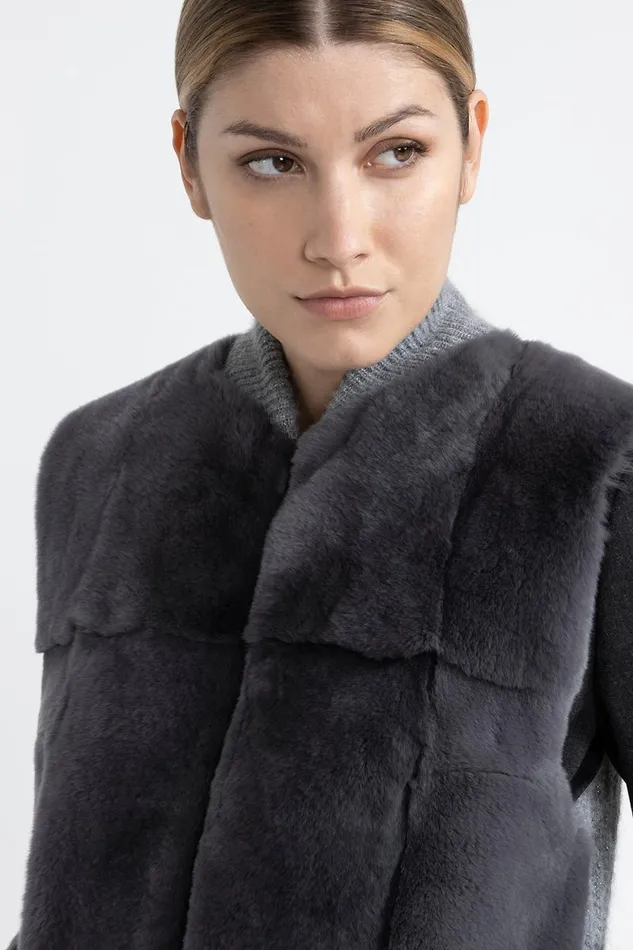 Peserico Knitwear Woman Knitted Gilet With Fur Trim Slate Peserico Knitwear Woman Knitted Gilet With Fur Trim Slate