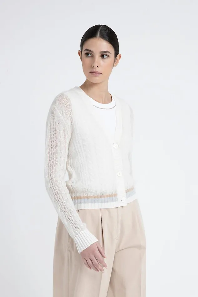 Peserico Knitwear Woman Merino Wool Alpaca And Lurex Cardigan With Plaited Stitch Crew Neck Natural White