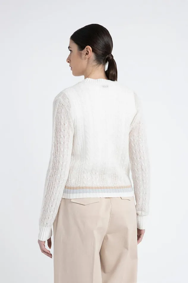 Peserico Knitwear Woman Merino Wool Alpaca And Lurex Cardigan With Plaited Stitch Crew Neck Natural White Peserico Knitwear Woman Merino Wool Alpaca And Lurex Cardigan With Plaited Stitch Crew Neck Natural White
