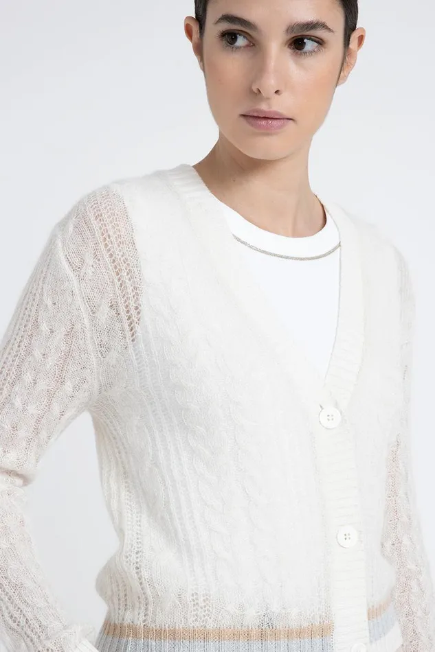 Peserico Knitwear Woman Merino Wool Alpaca And Lurex Cardigan With Plaited Stitch Crew Neck Natural White Peserico Knitwear Woman Merino Wool Alpaca And Lurex Cardigan With Plaited Stitch Crew Neck Natural White