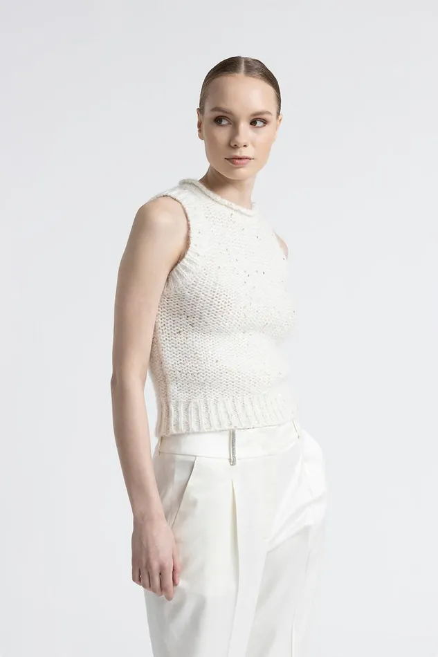 Peserico Knitwear Woman Mouline Alpaca Wool Top With Sequins Natural White