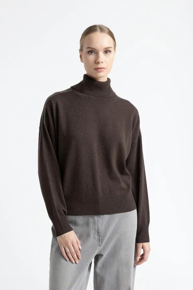Peserico Knitwear Woman Wool Silk And Cashmere Crewneck Sweater Walnut