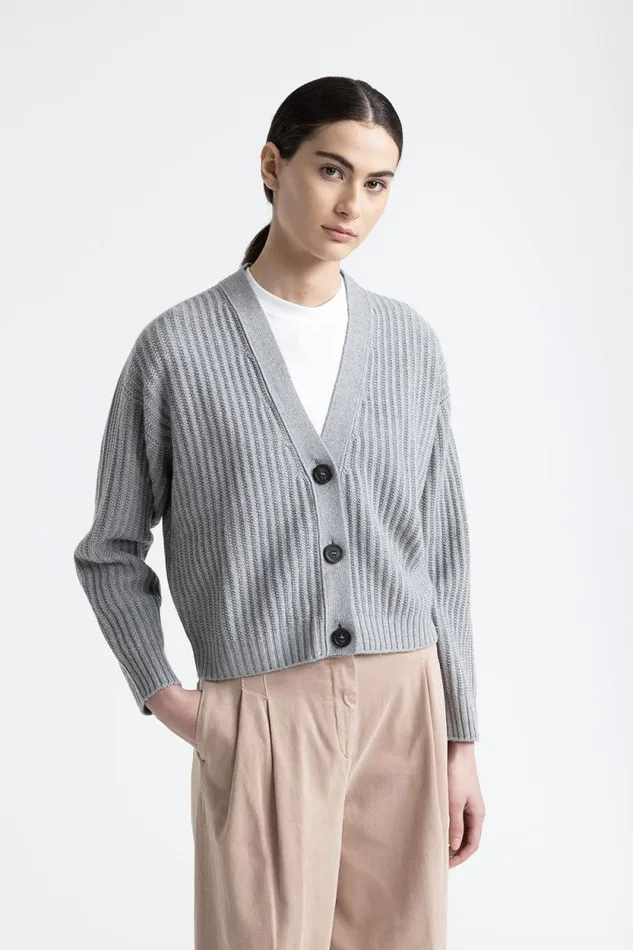 Peserico Knitwear Woman Wool Silk Cashmere And Lurex Cardigan Granite
