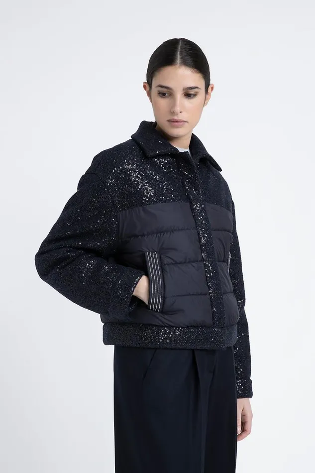 Peserico Outerwear Woman Lurex Fabric Down Jacket With Sequins Inkwell Blue