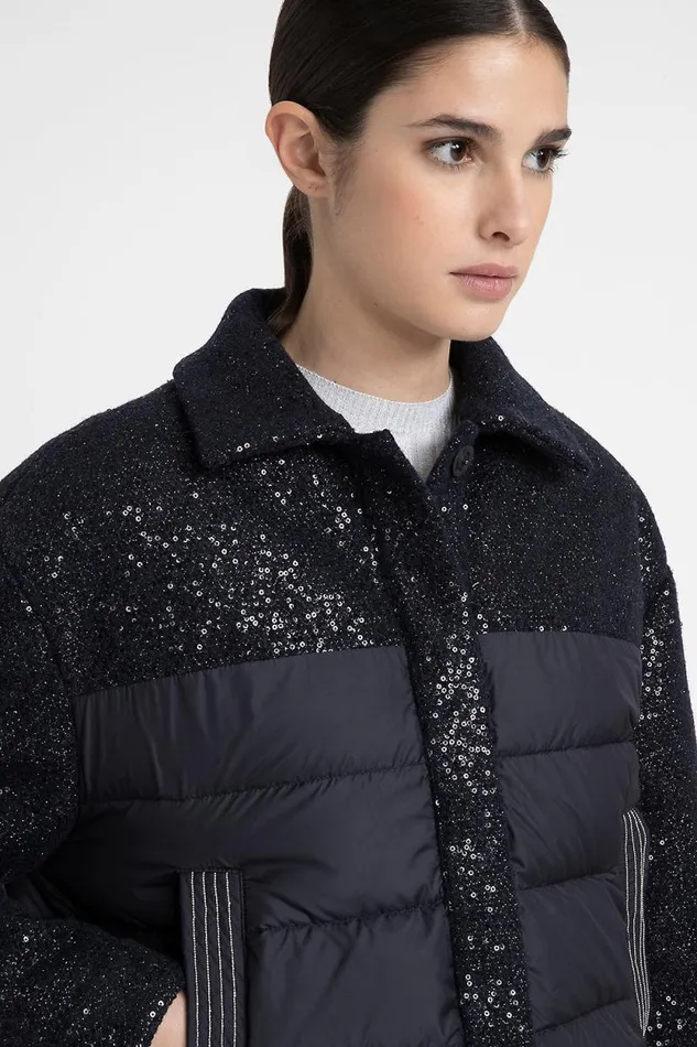 Peserico Outerwear Woman Lurex Fabric Down Jacket With Sequins Inkwell Blue Peserico Outerwear Woman Lurex Fabric Down Jacket With Sequins Inkwell Blue