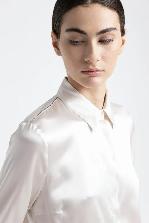 Peserico Shirts And Blouses Woman Silk Shirt With Punto Luce Trim Hornbeam Peserico Shirts And Blouses Woman Silk Shirt With Punto Luce Trim Hornbeam