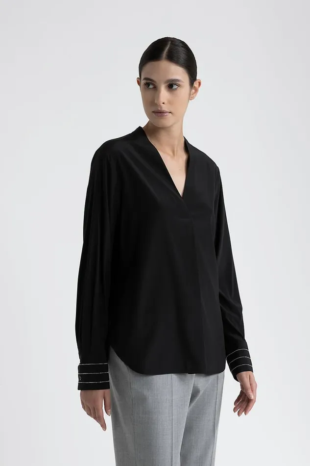 Peserico Shirts And Blouses Woman VNeck Silk Crepe De Chine Blouse Black